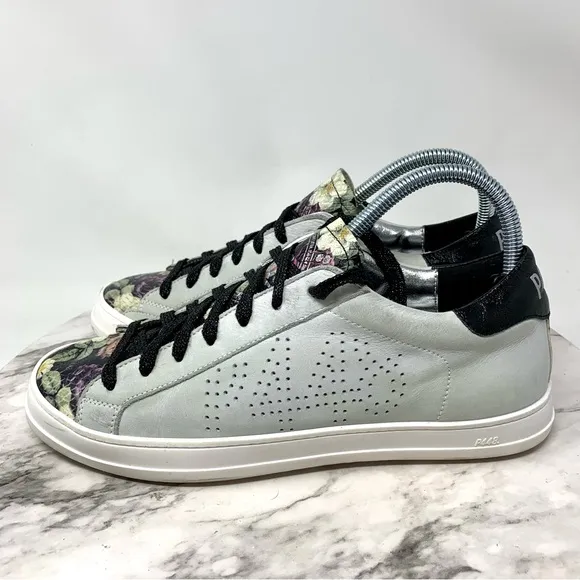 P448 John Black Floral Leather Low Top Sneakers 40/9-10 Casual Preppy Athleisure