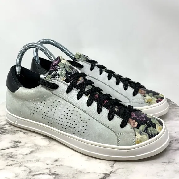 P448 John Black Floral Leather Low Top Sneakers 40/9-10 Casual Preppy Athleisure
