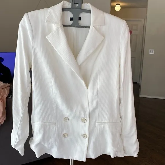 Paige Rosette Double Breasted White Pinstripe Power Blazer