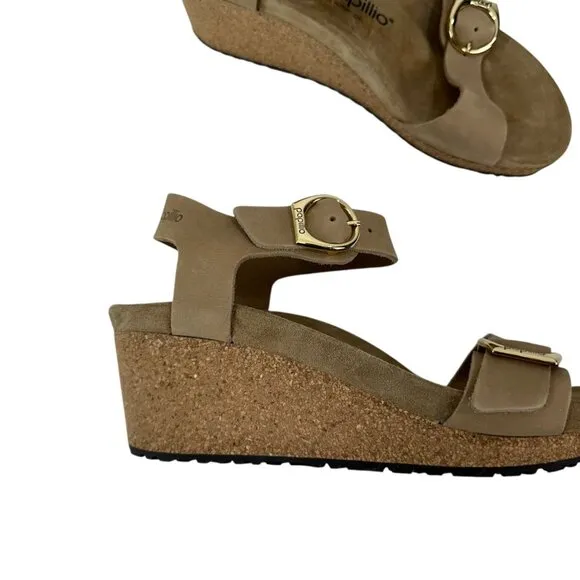 Papillio Tan Leather Wedge Sandals Double Strap Gold Buckles Women EU 41-US 10.5