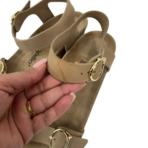 Papillio Tan Leather Wedge Sandals Double Strap Gold Buckles Women EU 41-US 10.5