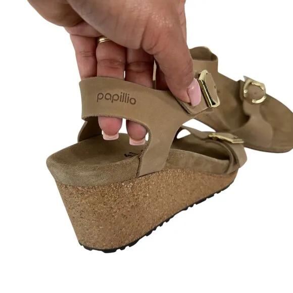 Papillio Tan Leather Wedge Sandals Double Strap Gold Buckles Women EU 41-US 10.5