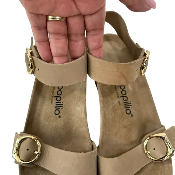 Papillio Tan Leather Wedge Sandals Double Strap Gold Buckles Women EU 41-US 10.5