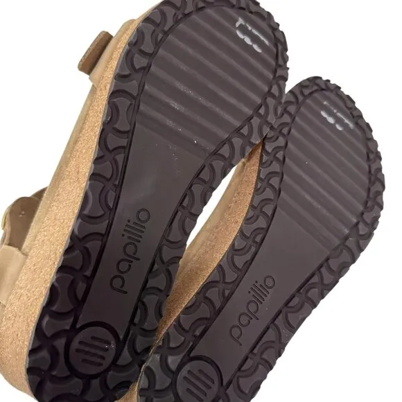 Papillio Tan Leather Wedge Sandals Double Strap Gold Buckles Women EU 41-US 10.5