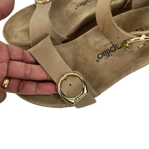 Papillio Tan Leather Wedge Sandals Double Strap Gold Buckles Women EU 41-US 10.5