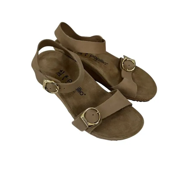 Papillio Tan Leather Wedge Sandals Double Strap Gold Buckles Women EU 41-US 10.5