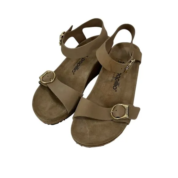 Papillio Tan Leather Wedge Sandals Double Strap Gold Buckles Women EU 41-US 10.5