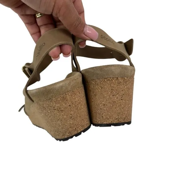 Papillio Tan Leather Wedge Sandals Double Strap Gold Buckles Women EU 41-US 10.5