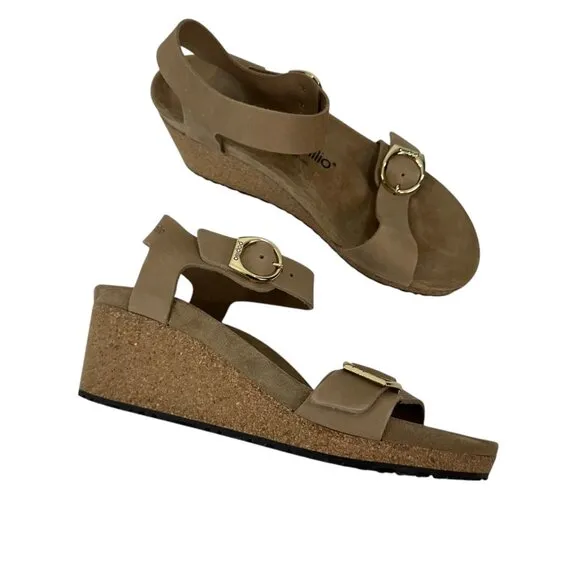 Papillio Tan Leather Wedge Sandals Double Strap Gold Buckles Women EU 41-US 10.5