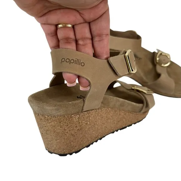 Papillio Tan Leather Wedge Sandals Double Strap Gold Buckles Women EU 41-US 10.5