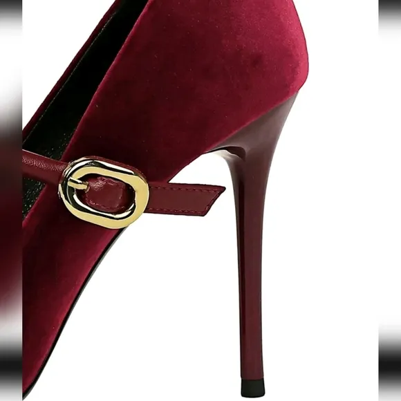 Party High Heels Thin Heels Shallow Mouth Pointed Suede &amp; Metallic Buckle Detail