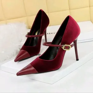 Party High Heels Thin Heels Shallow Mouth Pointed Suede &amp; Metallic Buckle Detail