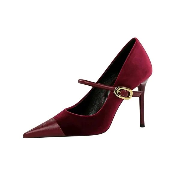 Party High Heels Thin Heels Shallow Mouth Pointed Suede &amp; Metallic Buckle Detail