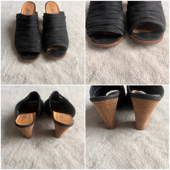 Paul Green Avery Nubuck Leather Artisan Strappy Block Heel Peep Toe Mule Black