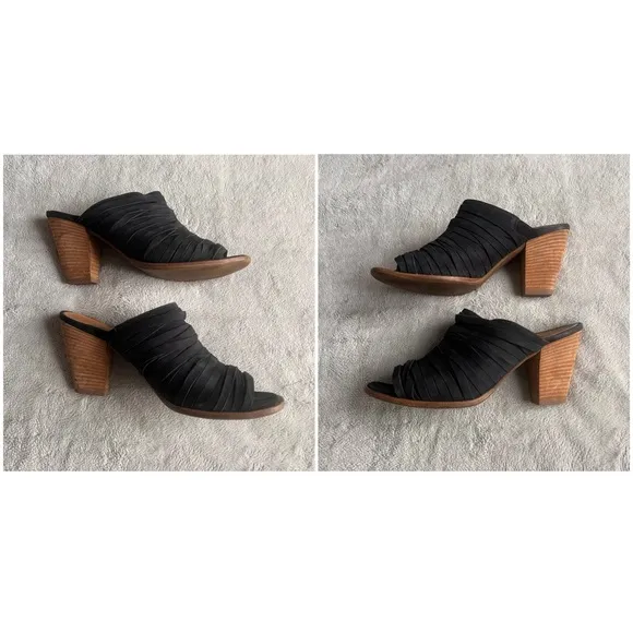 Paul Green Avery Nubuck Leather Artisan Strappy Block Heel Peep Toe Mule Black