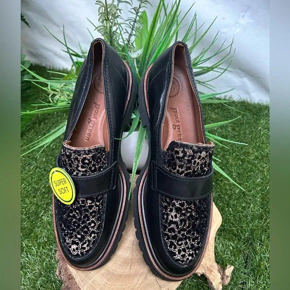 Paul green NATASHA LEOPARD PRINT LEATHER LOAFER IN LEO BLACK COMBO size 7.5 new