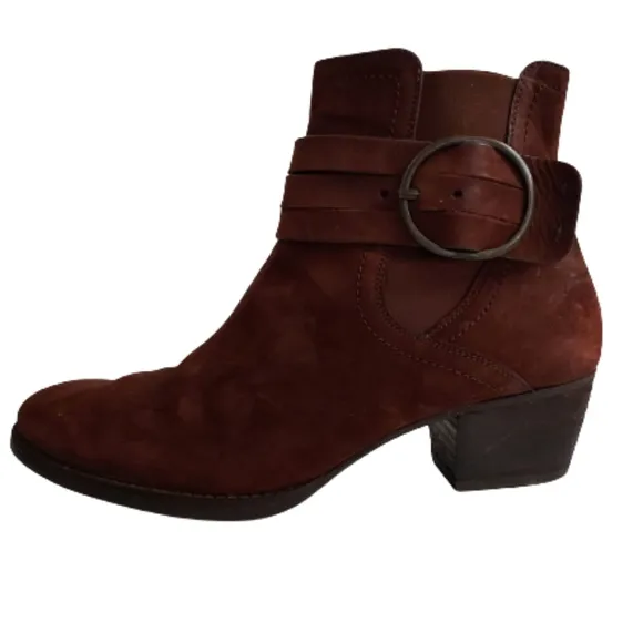 Paul Green Suede Stacked Moto Ankle Boot with Buckle 8.5 Cognac Brown