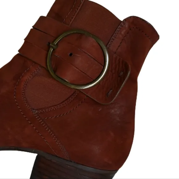 Paul Green Suede Stacked Moto Ankle Boot with Buckle 8.5 Cognac Brown