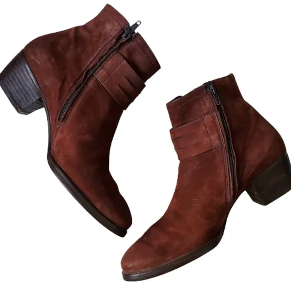 Paul Green Suede Stacked Moto Ankle Boot with Buckle 8.5 Cognac Brown