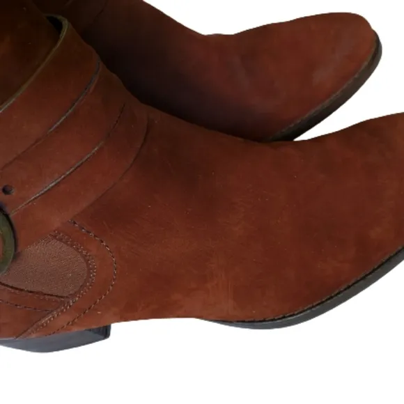 Paul Green Suede Stacked Moto Ankle Boot with Buckle 8.5 Cognac Brown