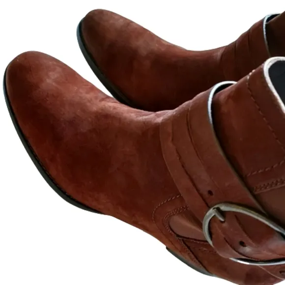 Paul Green Suede Stacked Moto Ankle Boot with Buckle 8.5 Cognac Brown