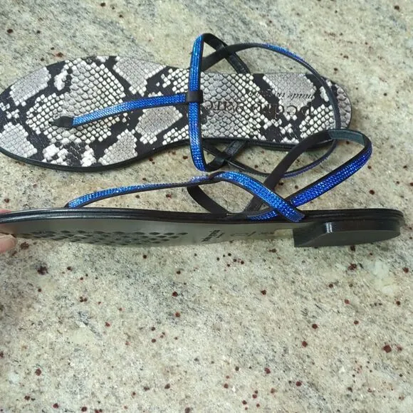 Pedro Garcia Skinny Crystal Strap Flat Thong Sandals Swarovski Blue 36 (…
