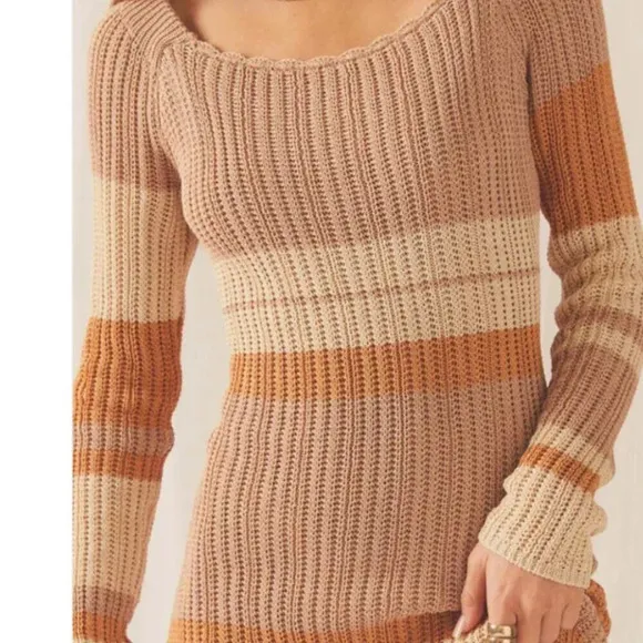 Peppermayo Scoop Neck Long Sleeve Crochet Maxi Dress Striped Neutral Size M/L
