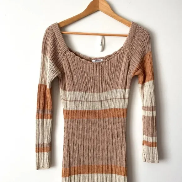 Peppermayo Scoop Neck Long Sleeve Crochet Maxi Dress Striped Neutral Size M/L