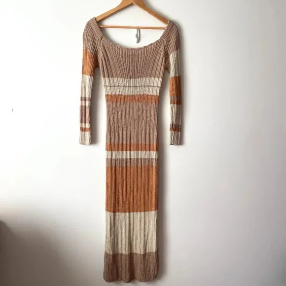 Peppermayo Scoop Neck Long Sleeve Crochet Maxi Dress Striped Neutral Size M/L