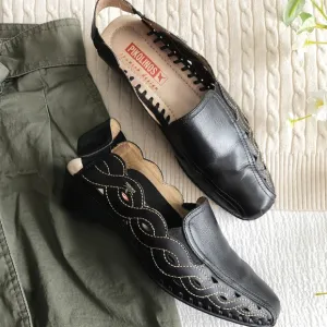 Pikolinos Romana Black Leather Embroidered Slingback Wedge Sandals Size 38