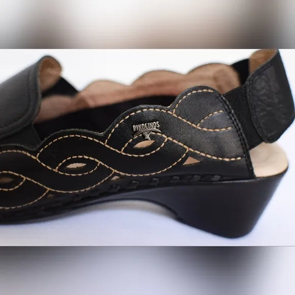 Pikolinos Romana Black Leather Embroidered Slingback Wedge Sandals Size 38