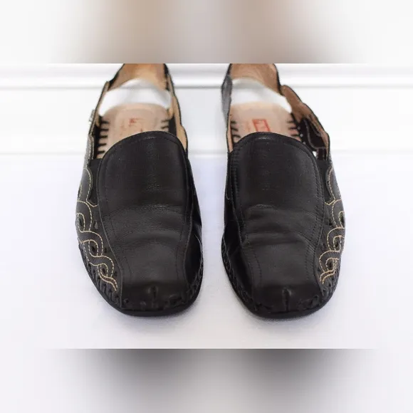 Pikolinos Romana Black Leather Embroidered Slingback Wedge Sandals Size 38