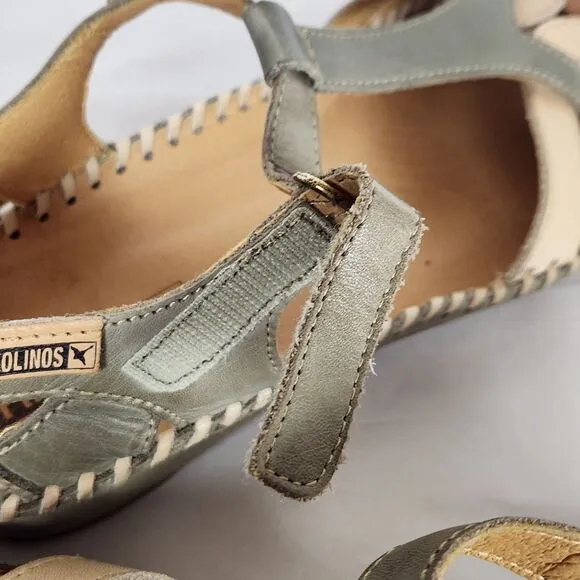 Pikolinos Womens Vallarta green brown cream Leather T-Strap Sandals Size EU 37