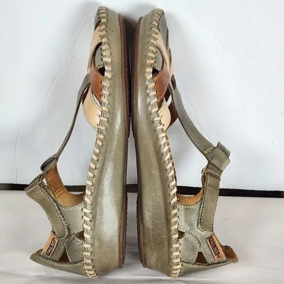 Pikolinos Womens Vallarta green brown cream Leather T-Strap Sandals Size EU 37