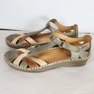 Pikolinos Womens Vallarta green brown cream Leather T-Strap Sandals Size EU 37