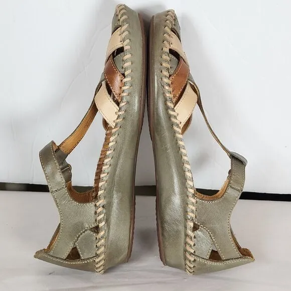 Pikolinos Womens Vallarta green brown cream Leather T-Strap Sandals Size EU 37