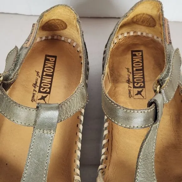 Pikolinos Womens Vallarta green brown cream Leather T-Strap Sandals Size EU 37
