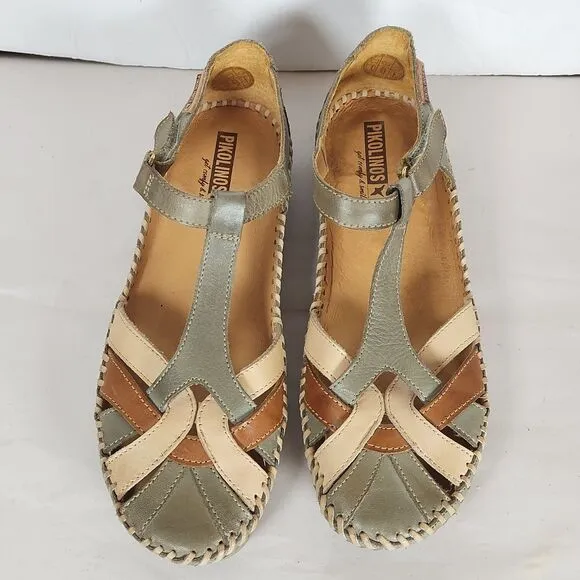 Pikolinos Womens Vallarta green brown cream Leather T-Strap Sandals Size EU 37