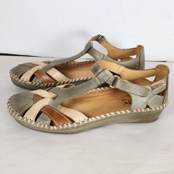 Pikolinos Womens Vallarta green brown cream Leather T-Strap Sandals Size EU 37