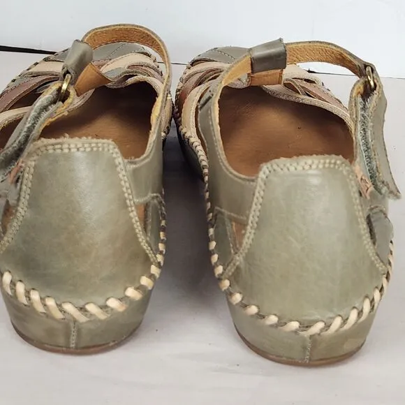 Pikolinos Womens Vallarta green brown cream Leather T-Strap Sandals Size EU 37