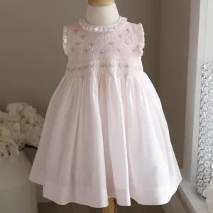 Pink Smocked Heirloom Sun Dress Ruffle Trim Hand-Embroidery Boutique Portrait