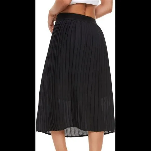 Pleated Midi Skirt,High Waist Swing Boho Pleated Elastic A-line Long Skirts