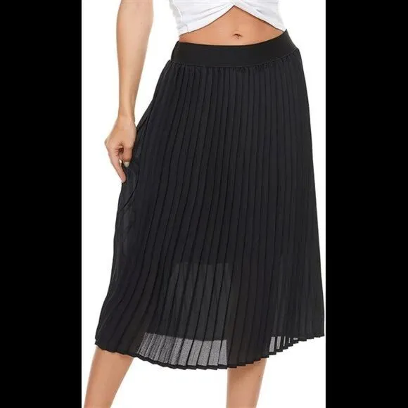 Pleated Midi Skirt,High Waist Swing Boho Pleated Elastic A-line Long Skirts
