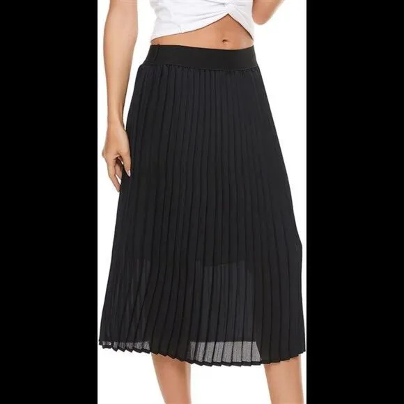 Pleated Midi Skirt,High Waist Swing Boho Pleated Elastic A-line Long Skirts