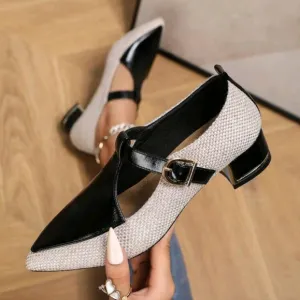 PointedToeMetal Thick Heel Fashion Mary Jane Oxfords For Women,Casual Work Flats