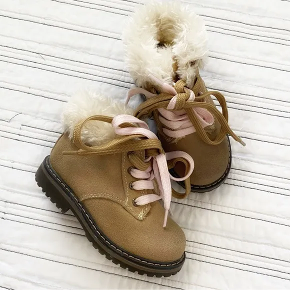 POLO Ralph Lauren Burnley Fleece-Lined LeatherBoot Pink &amp; Tan Toddler size 8
