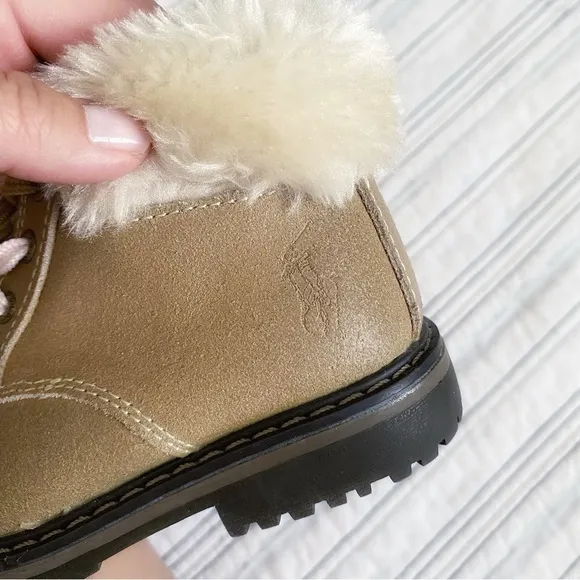 POLO Ralph Lauren Burnley Fleece-Lined LeatherBoot Pink &amp; Tan Toddler size 8