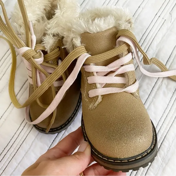 POLO Ralph Lauren Burnley Fleece-Lined LeatherBoot Pink &amp; Tan Toddler size 8