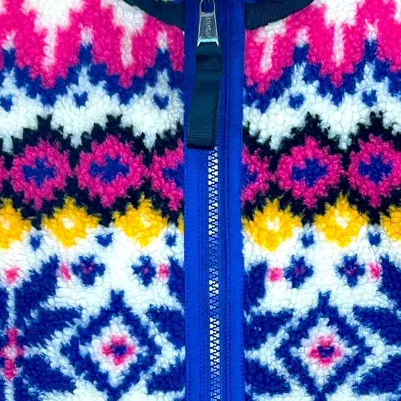 Polo Ralph Lauren Cream Blue Pink Fair Isle Sherpa Fleece Zip Front Jacket Large