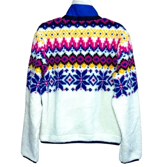 Polo Ralph Lauren Cream Blue Pink Fair Isle Sherpa Fleece Zip Front Jacket Large